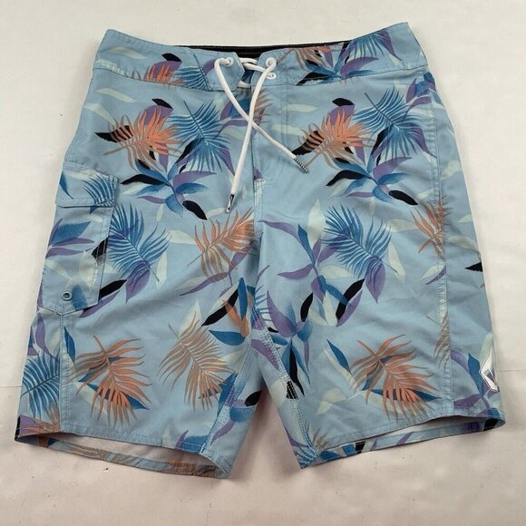 Volcom Boardshorts Men’s 27 Swim Trunks Swimwear Poly Stretch Blue Leaves Pocket - Picture 1 of 7
